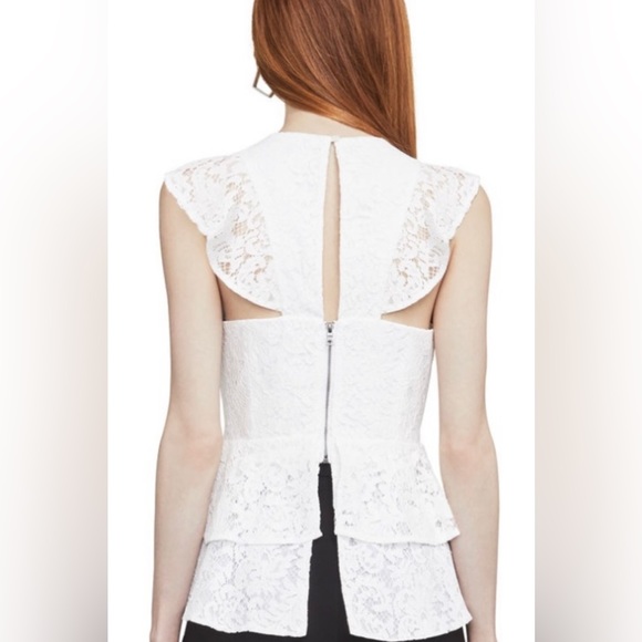 BCBG White Lace Criss Cross Cut Out Ruffle Top size XS - Picture 10 of 10